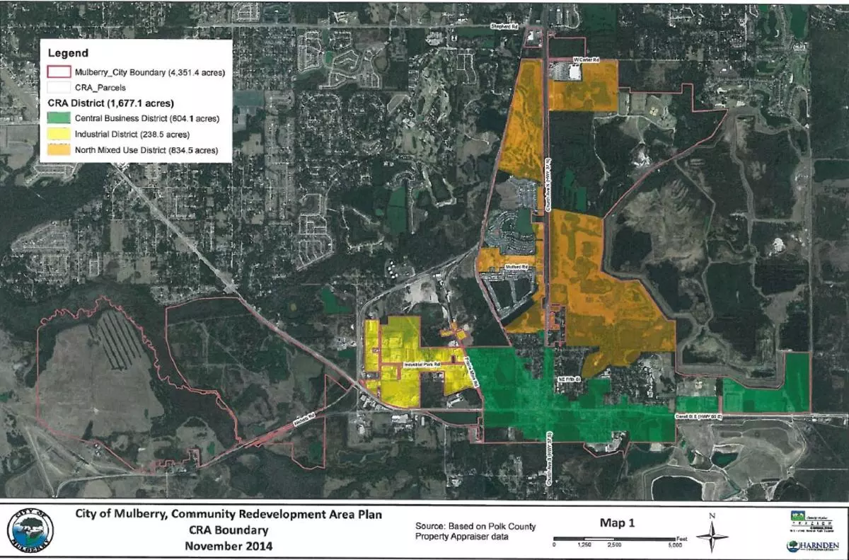 Mulberry CRA District Boundary Map- The City of Mulberry is made up of 4,351.4 acress- the map identifies the CRA parcels, and the Central Business District, 604.1 acres, Industrial District 238.5 acres, and North Mixed Use District, 834.5 acres, within the CRA.